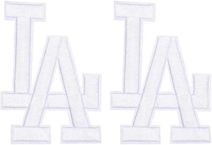 Iron on Patches Sports Teams Letter - Pack of 2 - Decorative for Clothing & Accessories, Ideal for Shirts, Jackets, Hats, Jeans, Shoes, Bags - Durable, Easy Apply (LA White - 2.5" x 3.5")
